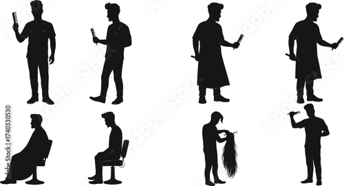 Barber silhouette, hair stylist, salon worker, haircut pose, grooming job, beauty service, client chair, professional occupation