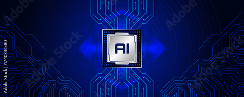 AI Chip Illustration: A futuristic representation of artificial intelligence, where an AI emblem takes center stage on a digital circuit board, illuminated by an ethereal glow.