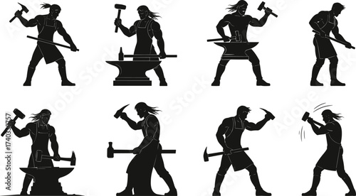 Blacksmith silhouette, metal forging, hammer anvil, traditional craftsman, iron worker, tool making, metalwork process, industrial occupation