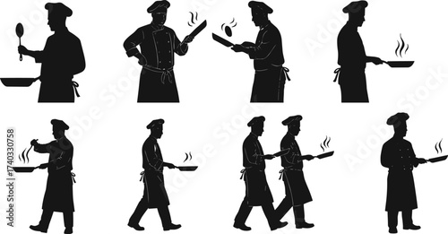 Chef silhouette, cooking pose, frying pan, culinary worker, kitchen job, restaurant cook, food preparation, professional occupation