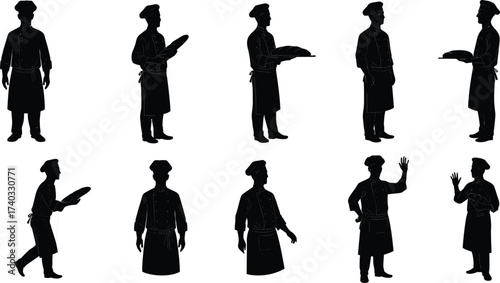Chef silhouette, cooking poses, professional cook, culinary worker, kitchen staff, food preparation, bakery chef, restaurant occupation