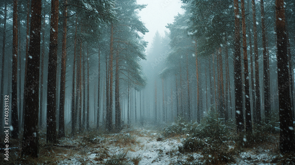 Fototapeta premium photo of a pine forest in the winter, with snow falling.