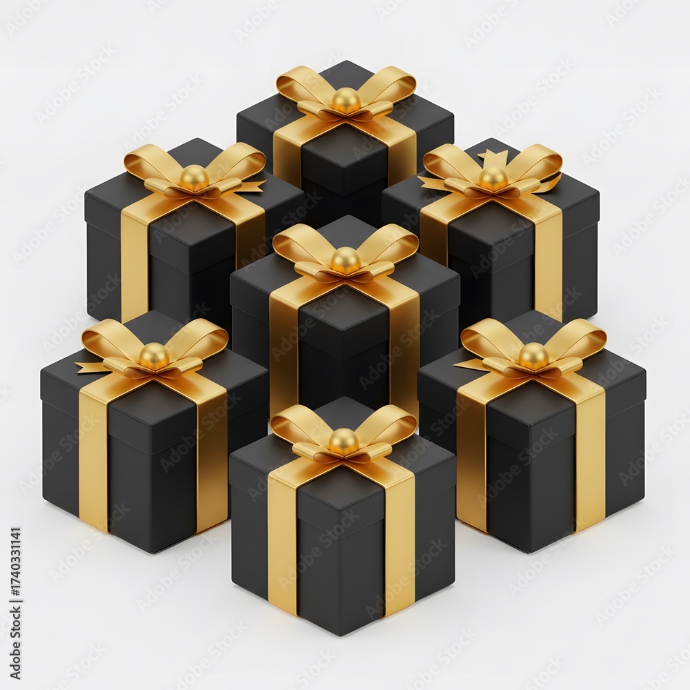 Obraz premium Collection of black gift boxes with gold ribbons on white background 