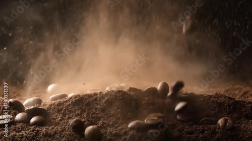 Rich roasted coffee beans and fine ground powder falling, creating an aromatic dust cloud. Dynamic coffee ingredient close-up.