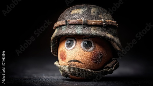 Cartoon face painted on an orange wearing a camouflaged helmet with a chin strap. The expression is serious, with large eyes and red cheeks, set against a dark backdrop