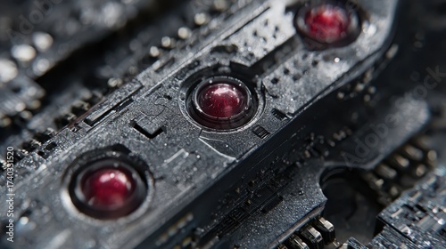 Close-up image of a detailed electronic circuit board features three small red circular elements amidst intricate components and patterns on a textured, metallic surface