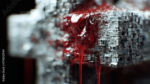 Intricate metallic structure with a grid pattern, partially covered in vibrant red fluid, creating a stark contrast with the silver surfaces, no background visible