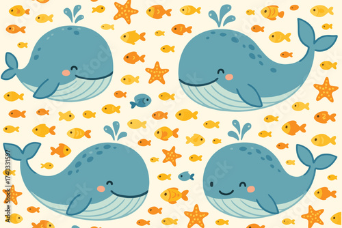 Cute cartoon whales and fish pattern on a light yellow background