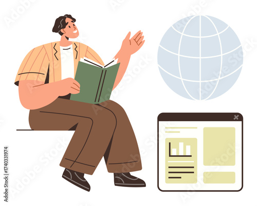 Person engages in reading, globe symbolizing worldwide connection, and browser window for digital content. Ideal for education, knowledge, research, technology, global outreach, learning