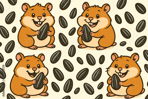 Cute cartoon hamsters happily holding and eating sunflower seeds in a seamless pattern