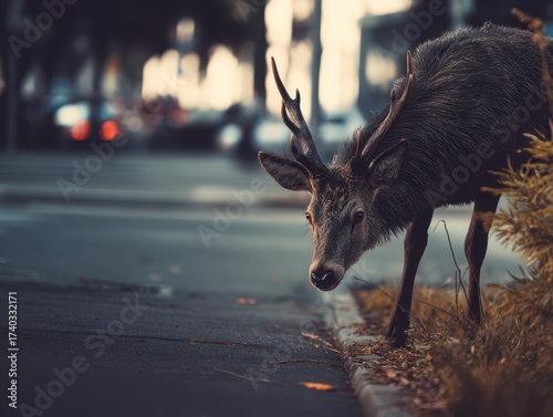 A deer with antlers grazes ...