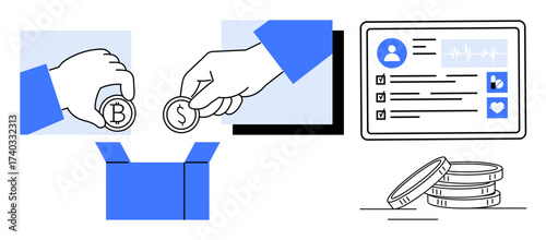 Hands deposit Bitcoin and Dollar coins into box, hinting at financial transactions. A user profile with health stats on a screen and stacked coins. Ideal for finance, charity, donation, investment