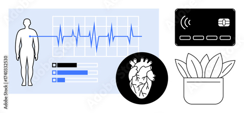 Healthcare analytics with body outline and heartbeat graph, financial card for transactions, and a potted plant. Ideal for health monitoring, tech, wellness, nature, biology, fintech simple flat