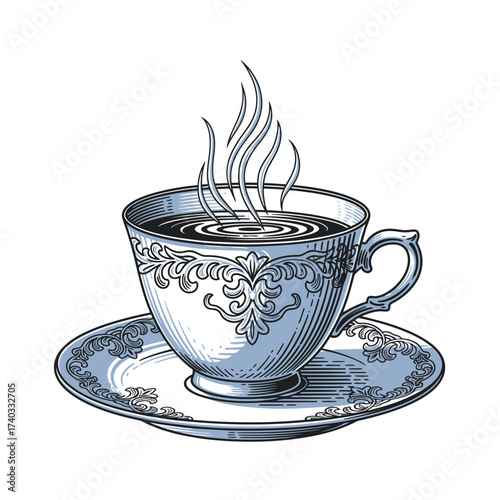 A vintage hand-drawn engraving illustration of a steaming cup of hot coffee or tea in an ornate porcelain teacup