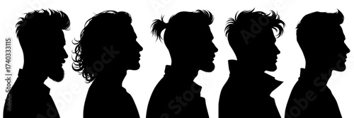 Set of male profile silhouettes with different contemporary hairstyles. Collection shows diversity of trendy fashionable men’s looks for design, advertising, barbershop branding and creative projects