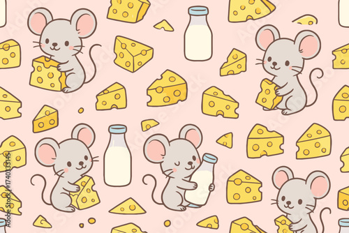 Cute cartoon mice and cheese pattern with milk bottles on a pink background