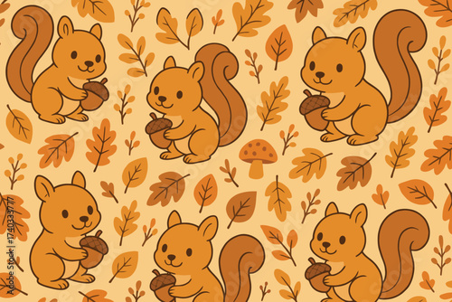 Cute cartoon squirrels holding acorns surrounded by autumn leaves and mushrooms in a warm color palette