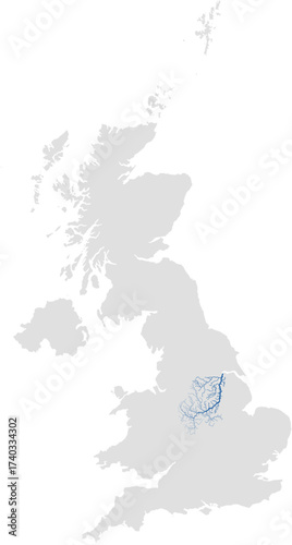 Trent river system – rivers vector map of United Kingdom highlighting main stem, primary and secondary tributaries (Web Mercator, scaled by river size, PPT-compatible, multi-layered & fully editable)