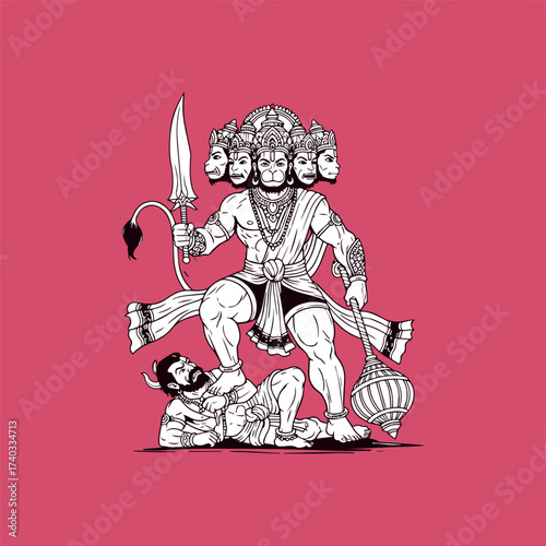 Detailed vector line art of Panchmukhi Hanuman (Five-faced Hanuman) standing victorious over a demon, holding a sword and mace. Symbolizes protection and strength on a vibrant pink background.