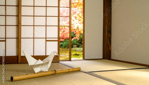 Origami Crane and Bamboo Flute in Japanese Room with Autumn View