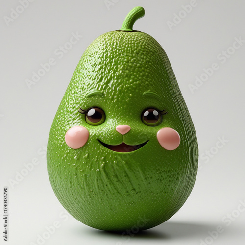 An ultrarealistic avocado with an expressive face, radiating happiness and playful charm.