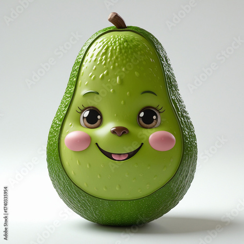 A charming ultrarealistic avocado character with a sweet smile and blushy cheeks on white background