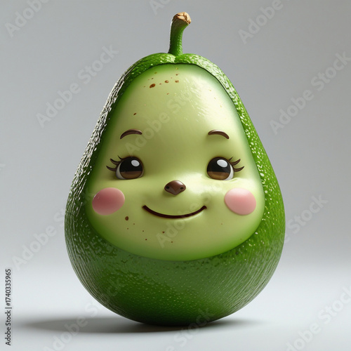 A whimsical avocado character with big eyes and a sweet smile radiates playful charm and cheer.