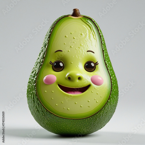 Whimsical avocado character smiles brightly, rendered with smooth, vibrant, cartoonish style.