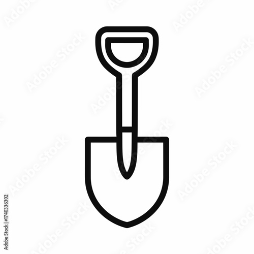A simple black and white line drawing of a shovel, a tool used for digging and moving loose material.