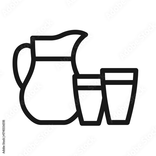 Illustration of a pitcher and two glasses, black and white.