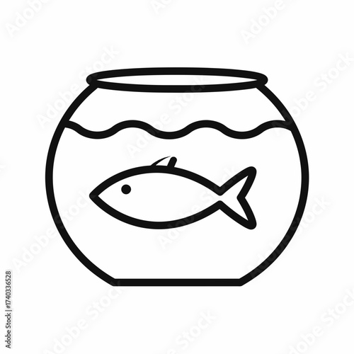 A simple black and white line drawing of a fish swimming in a round fishbowl.