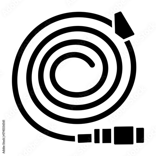 Black silhouette icon of a coiled garden hose with a nozzle and connector, ready for use.
