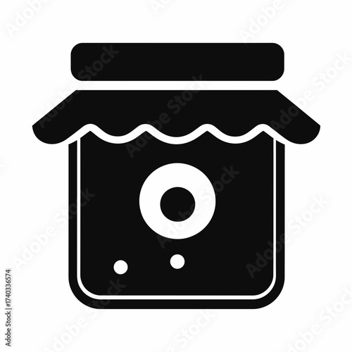 A simple black and white glyph icon of a traditional jam jar with a cloth cover and a round label.