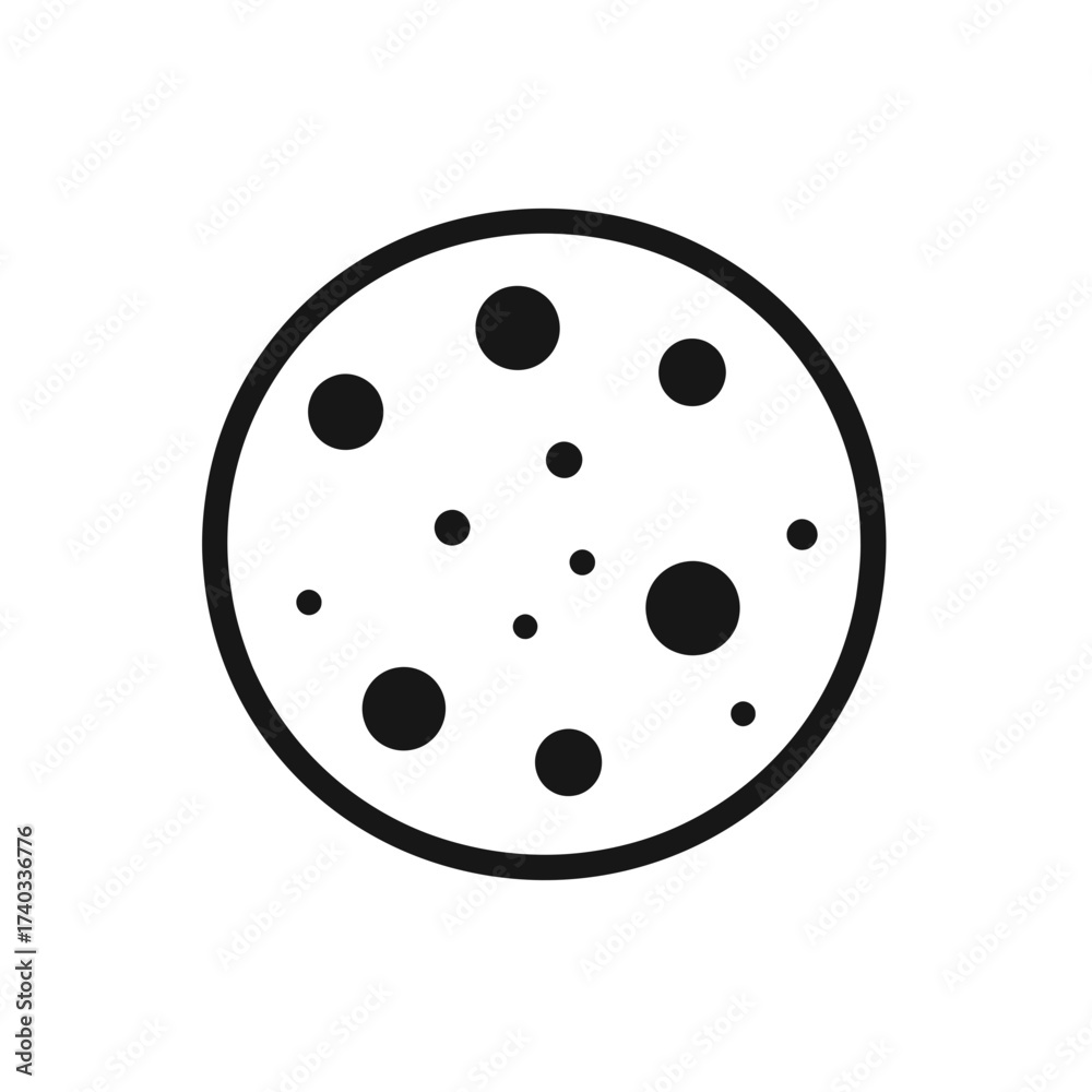 Fototapeta premium A simple black and white line art icon of a chocolate chip cookie on a plain background.