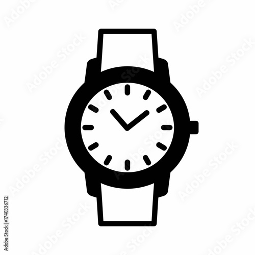 Black and white illustration of a wristwatch with a round face and strap.