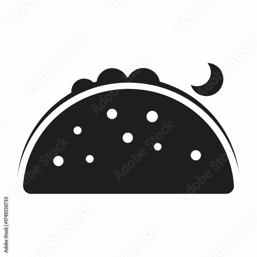 Black and white illustration of a taco with toppings and a crescent moon.