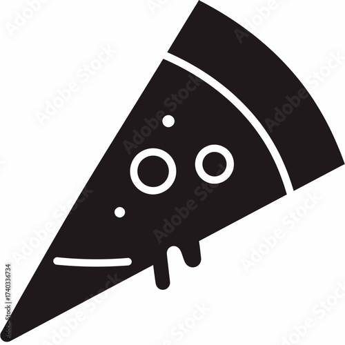 Black and white graphic of a slice of pizza with toppings and dripping cheese.