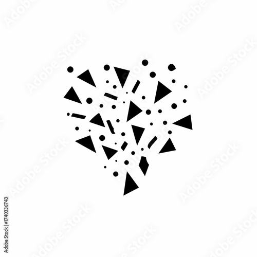Minimalist abstract composition of exploding black geometric shapes like triangles and dots on a white background.
