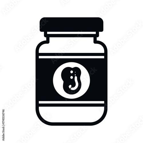 Black and white graphic icon of a jar with a blob-like substance on its label, simple illustration.