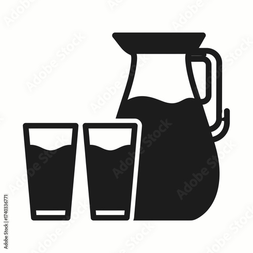 Black silhouette icon of a pitcher and two glasses filled with liquid.
