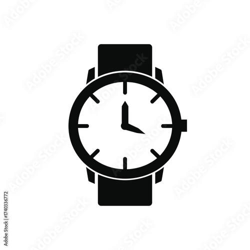 Black and white illustration of a wristwatch with a round face and a strap.