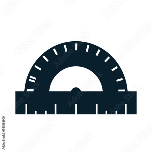 A dark blue silhouette of a protractor with clear markings for measuring angles, set against a white background.