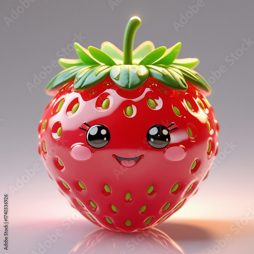 An ultrarealistic kawai strawberry with a sweet smile, set against a soft background
