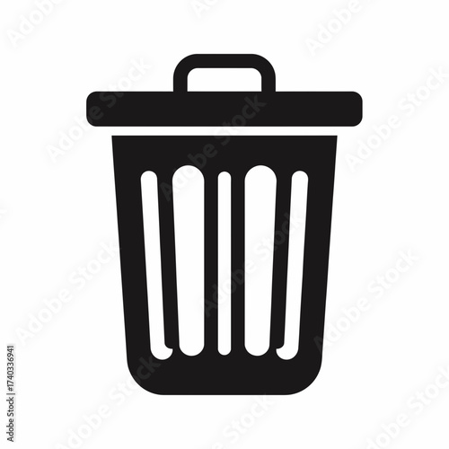 A simple black and white icon representing a trash can with vertical slats and a lid.