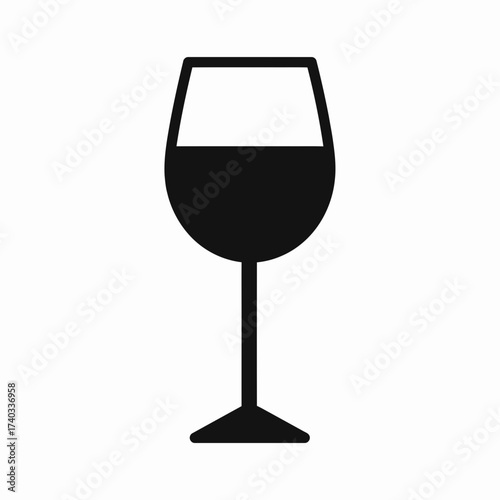 A minimalist black silhouette of a wine glass, half-filled with dark liquid, against a plain white background, representing a drink.