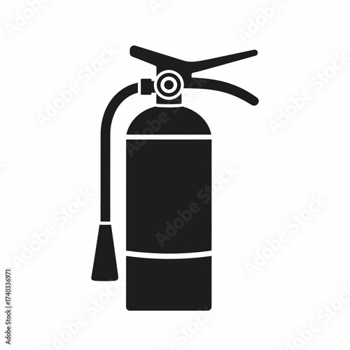 A black silhouette of a fire extinguisher with a hose and nozzle, isolated on a white background.