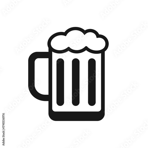 Black and white graphic icon of a beer mug filled with frothy beverage, featuring a handle and vertical lines, on a white background.