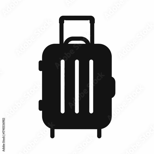 A black silhouette of a rolling suitcase with a retractable handle and wheels, representing travel and luggage.