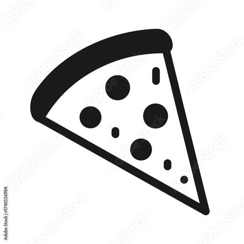 A black and white illustration of a single slice of pizza with toppings, isolated.