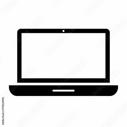 Black silhouette of an open laptop computer with a blank white screen, representing technology and digital work.